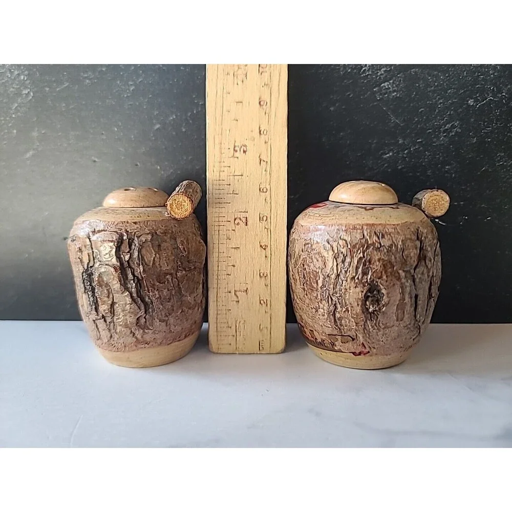 Vintage Wooden Barrel Shaped Tree Bark Salt And Pepper Shakers